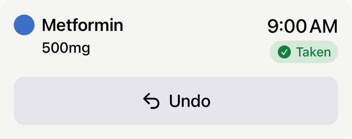 The same dose after one tap. Metformin is marked Taken, and one Undo button replaces the two buttons.